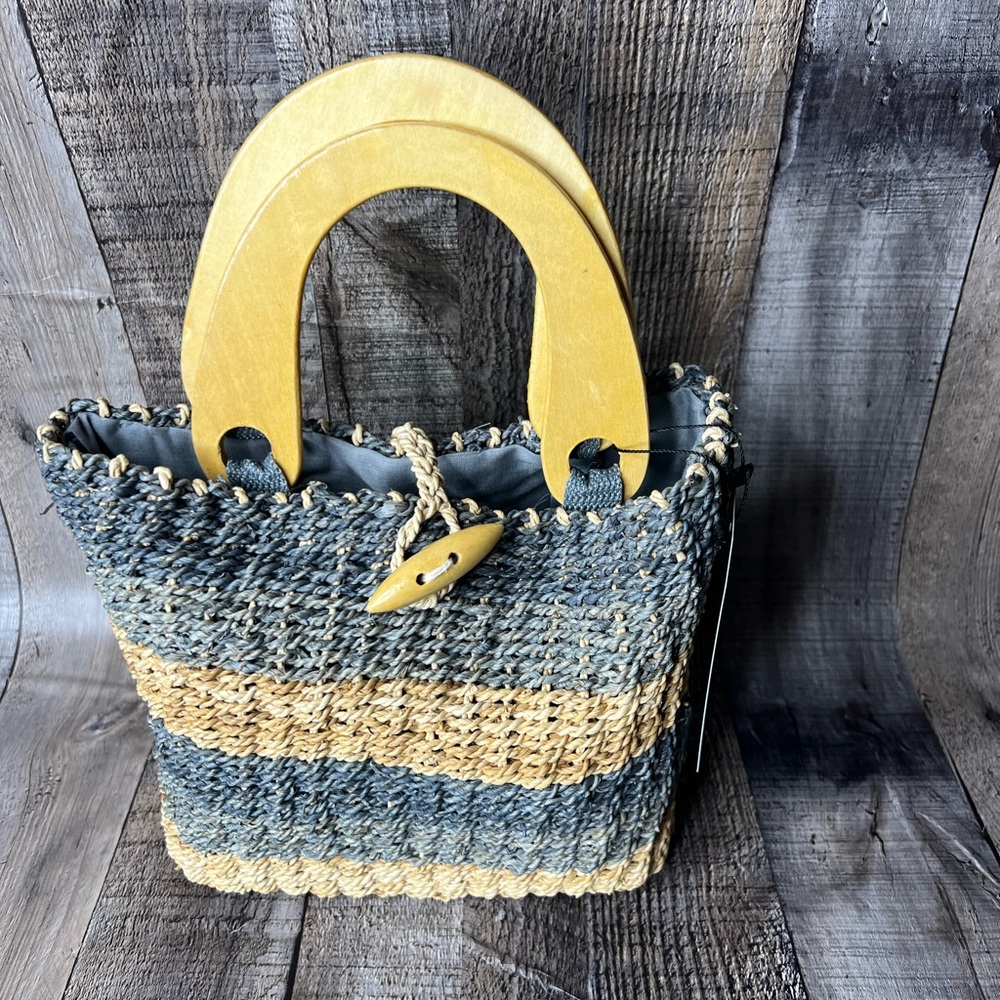 Striped small Woven Handbag with Wooden Handles